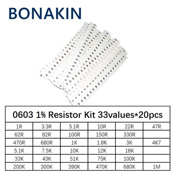 0603 SMD Rezistor Kit Asortate Kit 1 ohm-1M ohm 1% 33valuesX 20buc=660pcs Eșantion Kit
