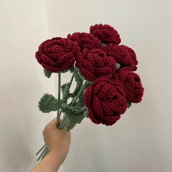 1 buc Manual de Croșetat Trandafir Rosu Floare Artificială Trandafir Rosu Floare Terminat de Moda, Decor Acasă Buchet de Mireasa Tricotat Flori de Trandafir
