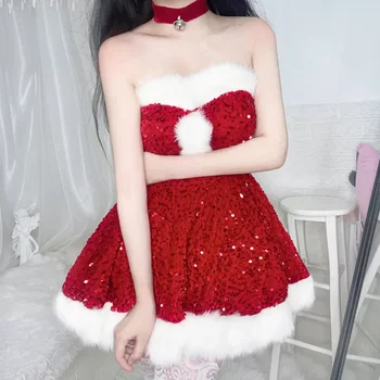 2022 Crăciun Rochie Sexy De Culoare Roz Roșu Paiete Rochie De Lenjerie De Iepuras Pe Umăr Anime Moș Crăciun Printesa Costume Cosplay