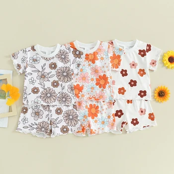 2023-12-04 Lioraitiin Copii Copilul Fete pentru Copii Haine de Vară Set Print Floral Maneca Scurta, O-neck T-shirt+pantaloni Scurți pentru Sugari Tinuta