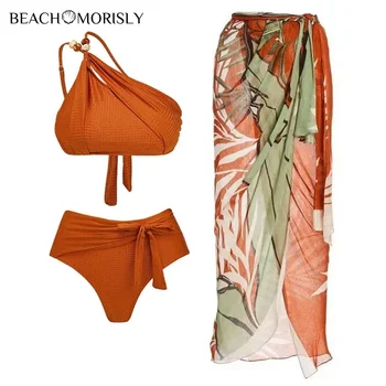 2024 Femei costum de baie Pietre Margele pe Un Umăr Bikini de costume de Baie și Sarong de Vara Costume de baie Femei Beachwear Costum de Baie