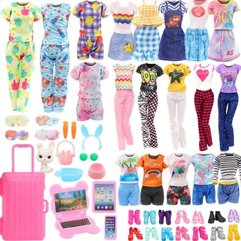 34 Buc Noua Moda Pentru Papusa Barbie Haine si Accesorii=3 Rochie, 3 Topuri si Pantaloni, 2 Pijamale+Patch-uri Ochi, Seturi de Calculator