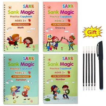 4 Carti Montessori s-a SCUFUNDAT în engleză Magic Caiet Reutilizabile Scris Practică 3D Carte de Caligrafie Ștergeți-gratuit Cărți de Educație