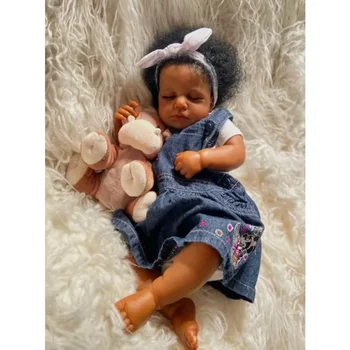 49cm Renăscut Baby Doll Deja Terminat de Pictat Fata Loulou negru piele de Dormit Papusa cu Mâna-radacina Parului Papusa de Colectie