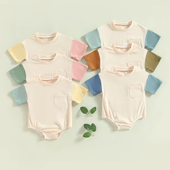 6 Culori Baby Băieți Fete Vara Salopetă Haine Copilul Unisex Mozaic de Culoare Pocekt Maneci Scurte O-gât Costume Salopete