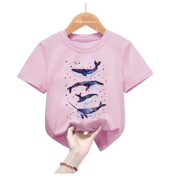 Acuarelă Starry Sky Whale Animal Print Roz Tricou Fete Kawaii Delfin Flori Tricou Haine Pentru Copii De 2-10 Ani T-Shirt, Blaturi