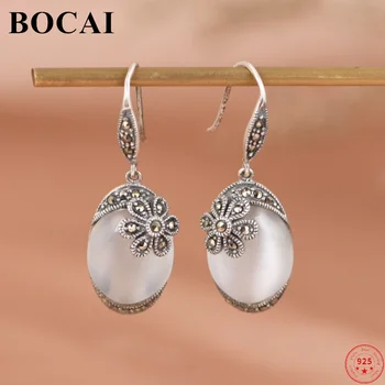BOCAI Reale S925 Argint Cercei pentru Femei de Moda Noua Oval Alb Sythetic Opal Vintage Flori Mici Picătură de Ureche