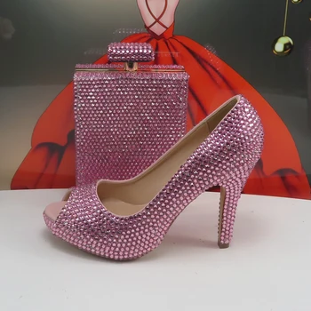 BaoYaFang Roz de Cristal Mireasa nunta pantofi și Geantă gură de Pește de sex Feminin Pantofi de Partid Superficial de Moda de Înaltă Pompe