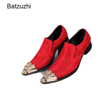 Batzuzhi Pantofi pentru Bărbați Indicat de Metal Sfat de Lux lucrat Manual Negru/Roșu Stras Rochie din Piele Pantofi pentru Bărbați pentru Partid și Pantofi de Nunta