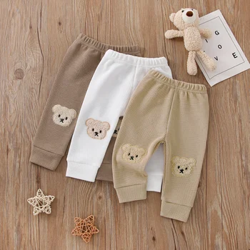 Bebe Băieți Fete Pantaloni, Ursul Desene animate Aplicatiile Talie Elastic Pantaloni, Waffle-Knit Casual Pantaloni pentru Copii 0-3 Ani