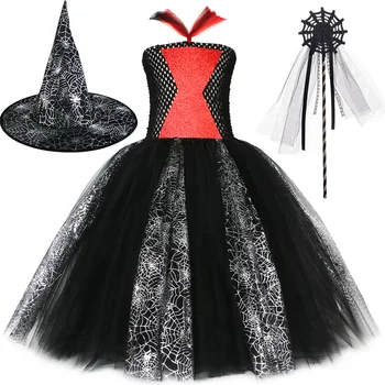 Black Spider Lalele Vrajitoare Costume pentru Fete de Halloween Lung Rochie Tutu cu Pălărie Mătură Mâneci Copii Petrecere de Carnaval Costum Cosplay