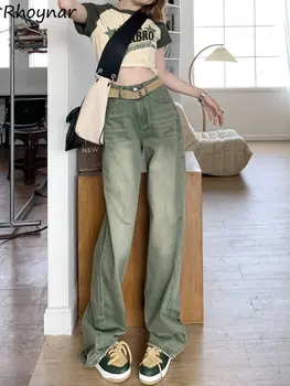 Blugi Femei Verde Stil American Drept de Epocă Streetwear Talie Mare Toate-meci Vrac Casual Uri de Moda Hotsweet de sex Feminin Chic