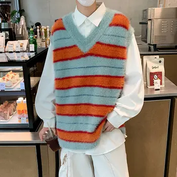 Bărbați Pulover Fără Mâneci Tricotate Casual V Gât Coreean Tricotaje Topuri Elastic Moda Streetwear Birou Stripe Contrast Veste V36