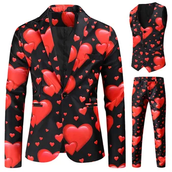 Cadou de ziua îndrăgostiților Moda pentru Bărbați Costum din Trei Piese, Seturi de Petrecere Strat 3d Imprimate de Inima Haina, Vesta Pantaloni Costum Slim Fit Blazer Jacheta Barbati
