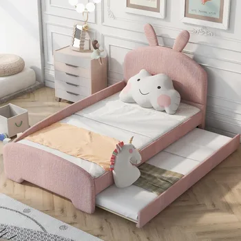 Cadru de pat, moale căptușit pat de zi cu desene animate ureche în formă de bordura roți,cu parapet,nu este nevoie pentru caseta de primăvară,platforma cadru de pat