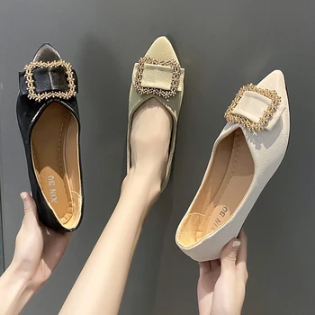 Catarama pătrat de dimensiuni mari tăietură unică de pantofi pentru femei de primăvară și de toamnă 2023 nou cu fund plat de fasole pantofi metal moale unic