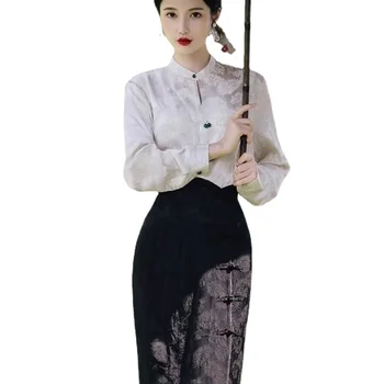Chineză Tradițională Cheongsam Chi-pao Cămașă Vintage Îmbunătățit Qipao Retro Sus Fusta Set de Toamnă de Primăvară 2024