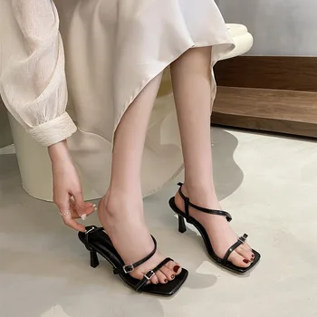Confort Pantofi pentru Femei pantofi decupați Bej cu Toc Sandale Joase Negre Fete Stiletto Dulce Bază Solidă PU Scandaluri Spate Curea de Fabri