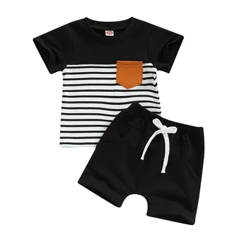 Copilul Băiat Copil Haine De Vară Set Maneci Scurte Rotund Gat Stripe Print T-Shirt + Solidă Talie Elastic Pantaloni Scurți