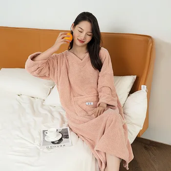 Coral Fleece Sleepwear cămașă de noapte Lungă, Duș, Halat de baie Femei Vrac Acasă Halat cu Buzunar de Iarna Nou Body Homewear