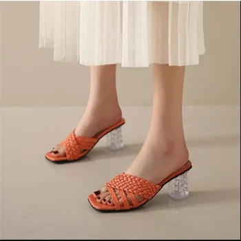 Cristal sandale cu toc, pentru femei, țesute curele încrucișate, la modă tocuri inalte, de mari dimensiuni papuci