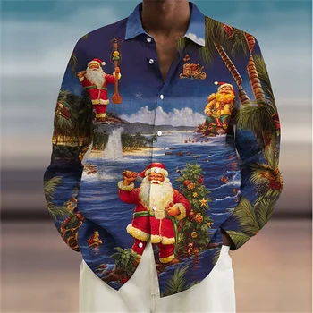 Crăciun Cămăși Hawaiiene Pom de Crăciun Tricouri Imprimate de Moda pentru Bărbați Tricouri Maneca Lunga Plaja Rever Cămăși pentru Bărbați