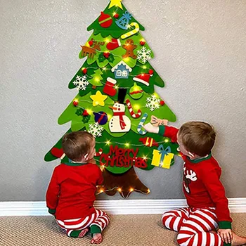 DIY Simțit Pomul de Crăciun, cu 32 de Ornamente și Lumini Șir LED pentru Copii mici, Copii de Anul Nou Cadouri Cadouri de Crăciun Acasă, Ușa de Perete