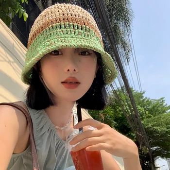 De Potrivire de culoare Paie Pălărie Găleată 2023 Vară Japoneză Versatil Subțire Respirabil apar Mici Parasolar protecție Solară Pălării pentru Femei