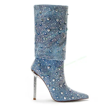 Denim albastru de Cristal Decor Cizme Jumătatea Vițel Subliniat Toe Pantofi pentru Femei Subțire Tocuri inalte Sexy Pantofi de Moda 2023 Zapatos Para Mujere