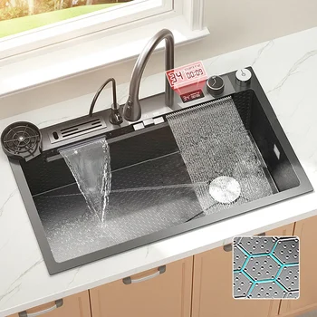 Display Digital Cascada Chiuveta Relief din Oțel Inoxidabil Chiuveta de Bucatarie Mare cu un Singur Castron Negru Chiuvetă cu robinet de Bucătărie