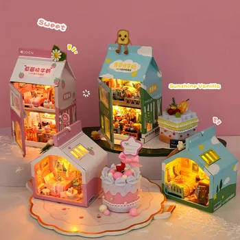 Diy Din Lemn Mini Tort De Capsuni Lapte De Casa Case Papusa In Miniatura Kit De Construcție Cu Lumină De Mobilier Casă De Păpuși Jucării Pentru Adulți Cadou