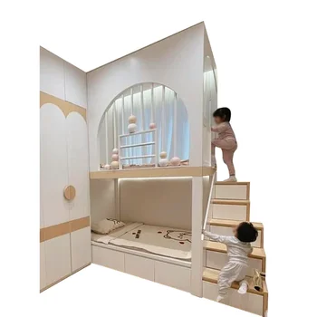 Double decker în sus și în jos pat cu scara cabinet, unitate mică, cremă de fată stil de pat personalizare