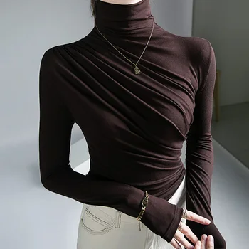 EVNISI Femei Chic Falduri Îngroșarea Cald Tricou guler de Birou cu Mâneci Lungi T-shirt Casual Bottom Topuri Femeile 2023 Toamna Iarna
