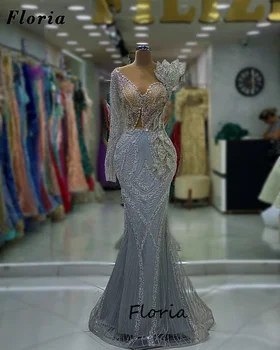 Elegant Argintiu Cu Margele Rochii De Seara Arab Dubai Cristale Pe Un Umăr Celebritate Rochie De Bal Vestido De Noche Lunga, Rochii De Petrecere