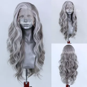 Evidențiați Blond spre Gri Argintiu Ondulat Sintetice PrePluckedInvisible Dantelă Față Rezistente la Căldură travestit Cosplay Peruci Pentru Femei