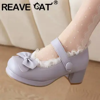 FURA CAT Femeile Pompe Stil Lolita Deget de la picior Pătrat Bloc Tocuri de 5 cm Platforma 1.5 cm Bowknot Dantelă Dulce Pantofi Fete Mici Dimensiuni 30 31 32