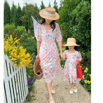Familie de Potrivire de Vară pentru Copii Fată coreean Floare Fluture Fete Rochie Lunga Rochie pentru Femei Rochie Mama și Fiica Dress