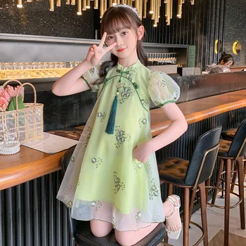 Fata de Vara Rochie de Șifon 2022 Printesa Cheongsam Stil Chinezesc Guler mâneci Broderie de Imprimare Drăguț Rochii pentru Copii