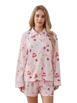 Femei 2 Piese Florale Set De Pijama Y2k Maneca Lunga Buton Jos Camasa Side Split Pantaloni Scurți Set De Pijamale