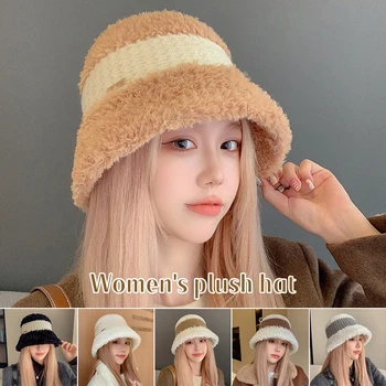 Femei Iarna Pufoase cu Dungi Cald Găleată Pălărie de Pluș Panama Pălărie de Moda Casual în aer liber Y2K Pălărie de Pescar