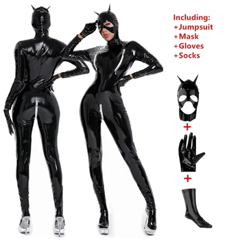Femei Negru Lucios PU Faux din Piele Salopeta Aspect Umed Lenjerie Sexy 3 Fermoar Deschis Picioare cu Mâneci Lungi din Latex Catsuit Clubwear