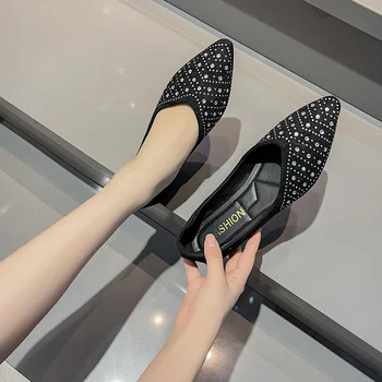 Femei Nou Casual Subliniat Toe Pantofi Plat 2023 Vara Superficial Toe Slip-on Pantofi Stras Moale Brioșă Talpa Pantofi Mary Jane