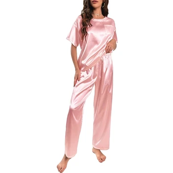 Femei Pijama Satin de Matase cu Maneci Scurte Pj Set Camasa Moale de Sus și Pantaloni de Pijamale