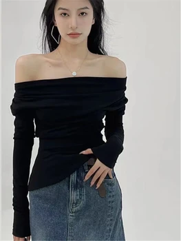 Femei Tricou Negru de Pe Umăr Galben Femeie T-shirt Haine Sexy Înalt coreeană de Moda de Top pentru Goth, Emo Poliester Vechi O Tee