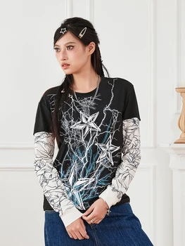 Femei Tricou Punk Zână Grunge Gât Rotund Cu Maneci Lungi Vrac Se Potrivi Topuri Vintage Star Print T Shirt