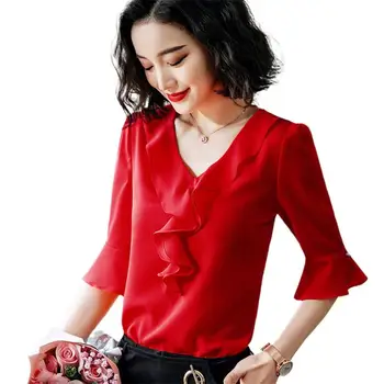 Femei șifon Bluza Zburli Jumătate Maneca Solid Topuri Bluze Roșu Alb Negru 10 Culoare blusas mujer de moda 2023