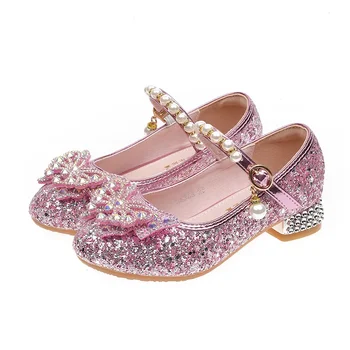 Fete Printesa Tocuri Inalte Nou 2024 Copii Cu Albastru De Dans Fată Singură Pantofi De Cristal Bowknot Stras Margele Pantofi De Piele