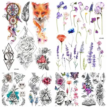 Florale Mici Tatuaje Temporare Pentru Femei Fete Luciu Floare De Crin Floare De Acuarelă Fox Dreamcatcher Tatuaj Fals Autocolante De Hârtie