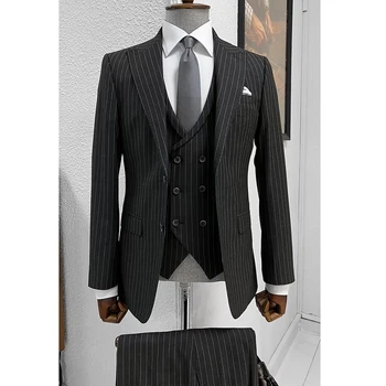 Formal Blazer Negru Dungă Costume pentru Bărbați Singur Pieptul PeakLapel Slim Fit de Lux, 3 Piese Pantaloni Sacou Vesta de Afaceri Formal Set