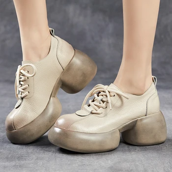 GKTINOO 2024 Primăvară Noi, Originale, Pompe de Piele cu Talpă Groasă Femei Pantofi Retro Confortabil Rotund Toe Pene Pantofi Platforma